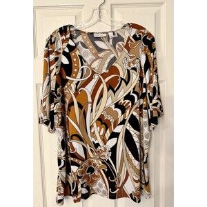 MINT Susan Graver Brown Tan Black Abstract Flowers Shirt Top Womens XL